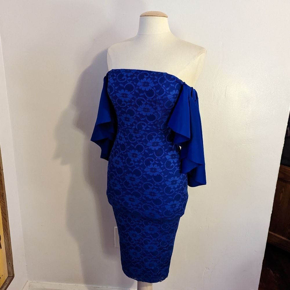 Royal Blue Ruffle Sleeve Off The Shoulder Lace Dress by ASOS Size US 4